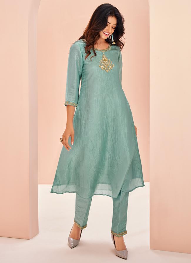 Organza Sky Blue Party Wear Hand Work Readymade Kurti With Pant